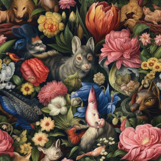 A mixed group of animals, including a cat, squirrel, and various birds, surrounded by a vibrant assortment of flowers and foliage.