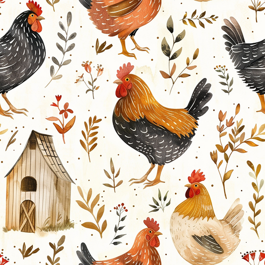 Farmhouse Chickens Pattern 2 Quilting Cotton Fabric