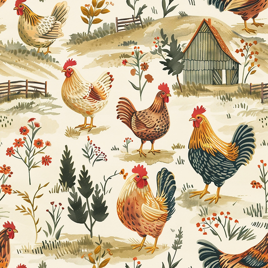 Farmhouse Chickens Pattern 3 Quilting Cotton Fabric