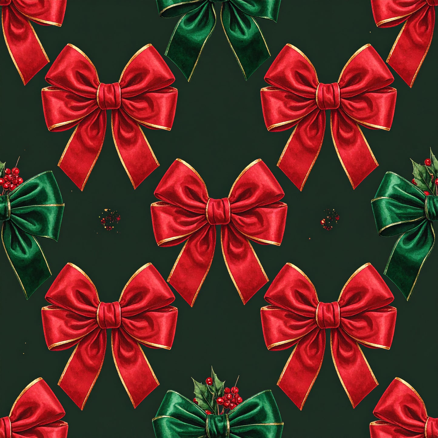 Festive Bows and Holly Pattern 1 Quilting Cotton Fabric