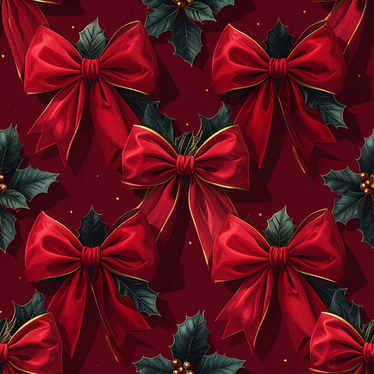 Festive Bows and Holly Pattern 12 Quilting Cotton Fabric