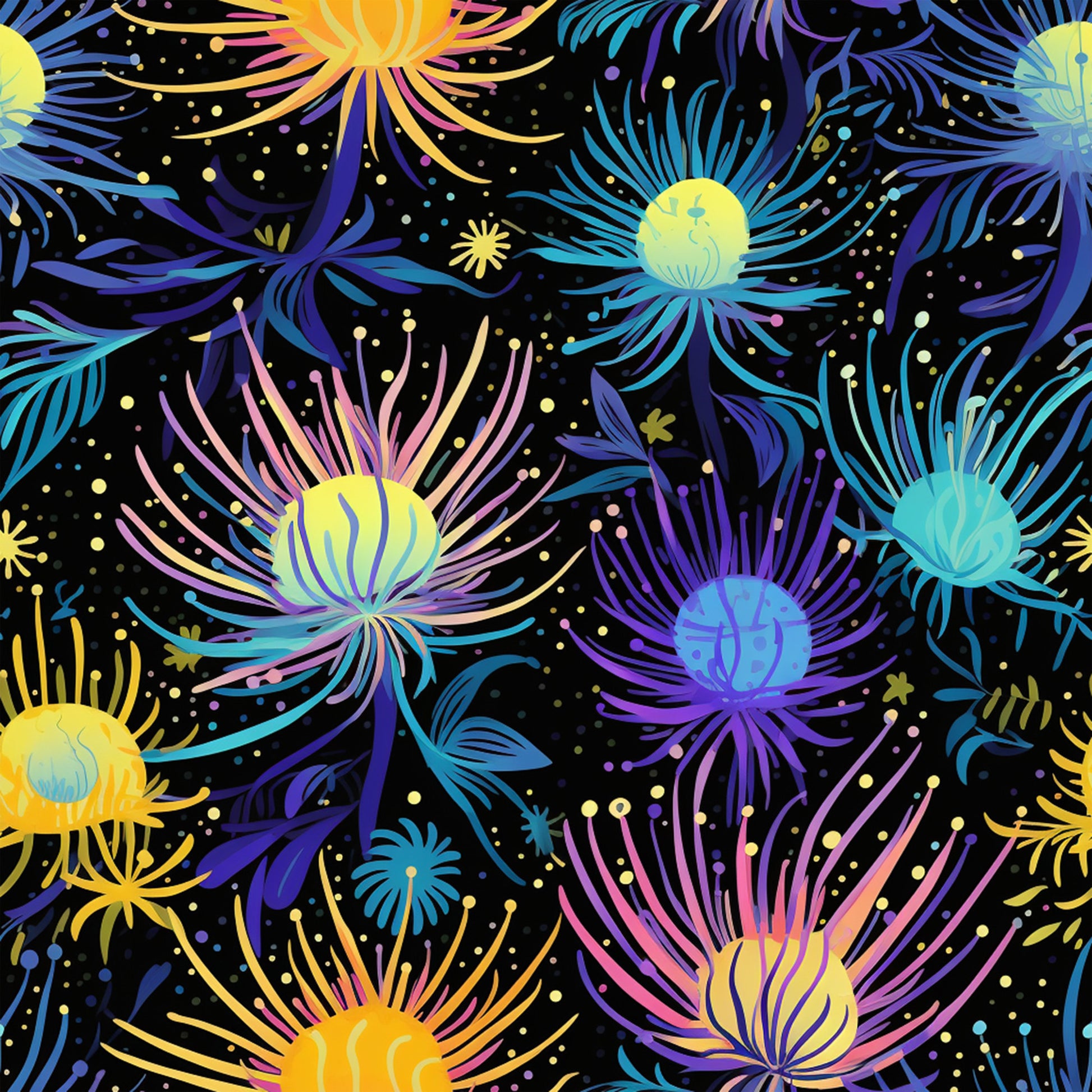 firework pattern, quilting cotton, fabric panel, black background, neon colors, purple blooms, yellow centers, turquoise petals, pink accents, starburst design, floral motifs, cosmic garden, vibrant botanical, night sky theme, electric colors, radiating petals, abstract flowers, celebration pattern, luminous design, festive florals