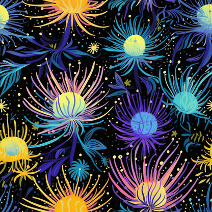 firework pattern, quilting cotton, fabric panel, black background, neon colors, purple blooms, yellow centers, turquoise petals, pink accents, starburst design, floral motifs, cosmic garden, vibrant botanical, night sky theme, electric colors, radiating petals, abstract flowers, celebration pattern, luminous design, festive florals