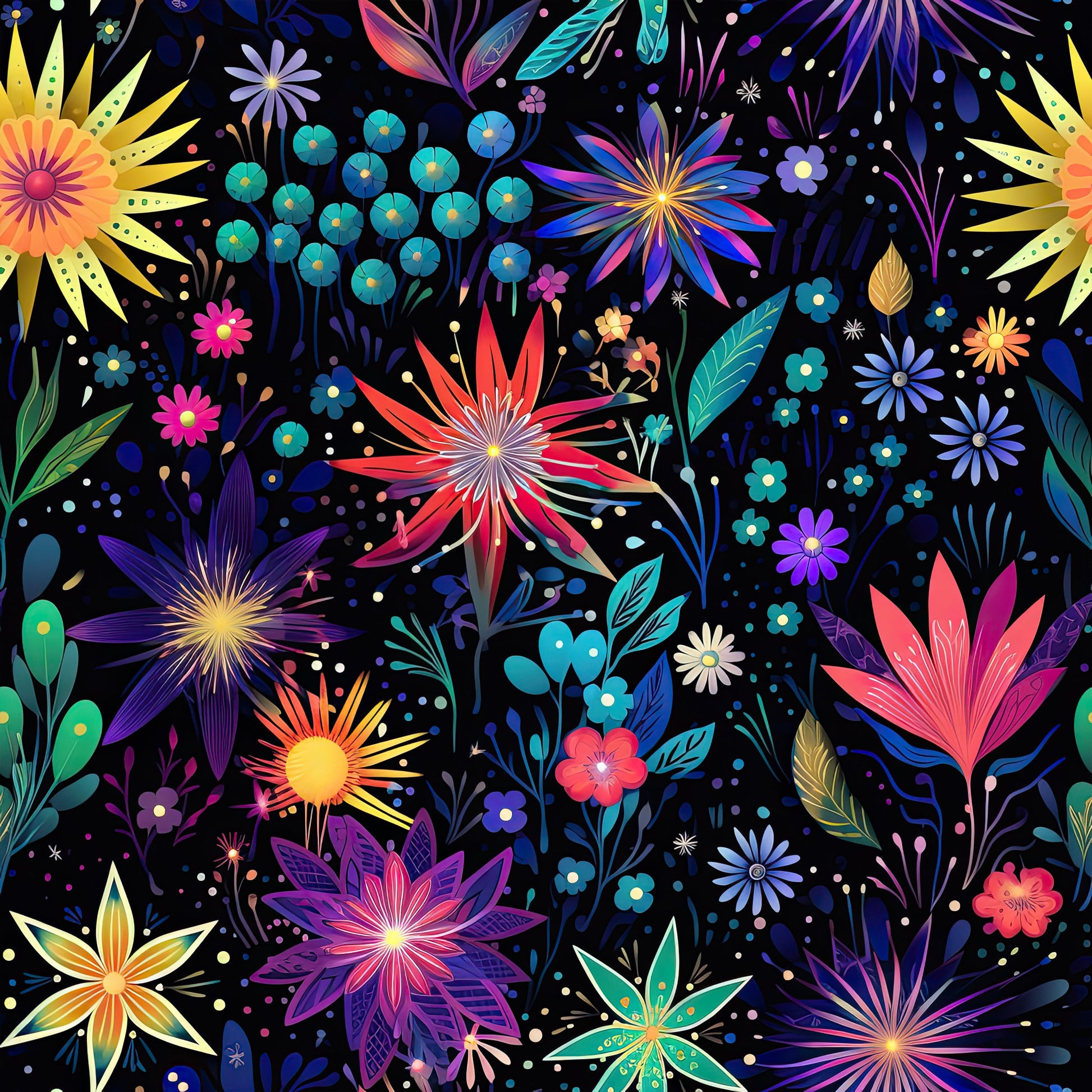 firework garden, quilting cotton, fabric panel, floral burst, starburst flowers, black background, vibrant colors, pink petals, blue blooms, yellow sunburst, purple florals, teal accents, coral flowers, botanical design, cosmic garden, night sky, sparkle effects, whimsical flowers, modern floral, bright contrast