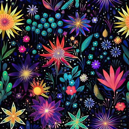 firework garden, quilting cotton, fabric panel, floral burst, starburst flowers, black background, vibrant colors, pink petals, blue blooms, yellow sunburst, purple florals, teal accents, coral flowers, botanical design, cosmic garden, night sky, sparkle effects, whimsical flowers, modern floral, bright contrast