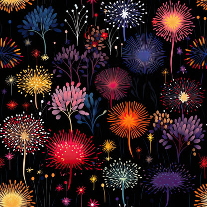 fireworks pattern, night sky, black background, vibrant colors, pink fireworks, blue fireworks, orange fireworks, yellow fireworks, purple fireworks, white fireworks, red fireworks, starburst design, celebration theme, festive pattern, quilting cotton, fabric panel, botanical elements, flowering plants, colorful blooms, party atmosphere, bright explosions, radial patterns