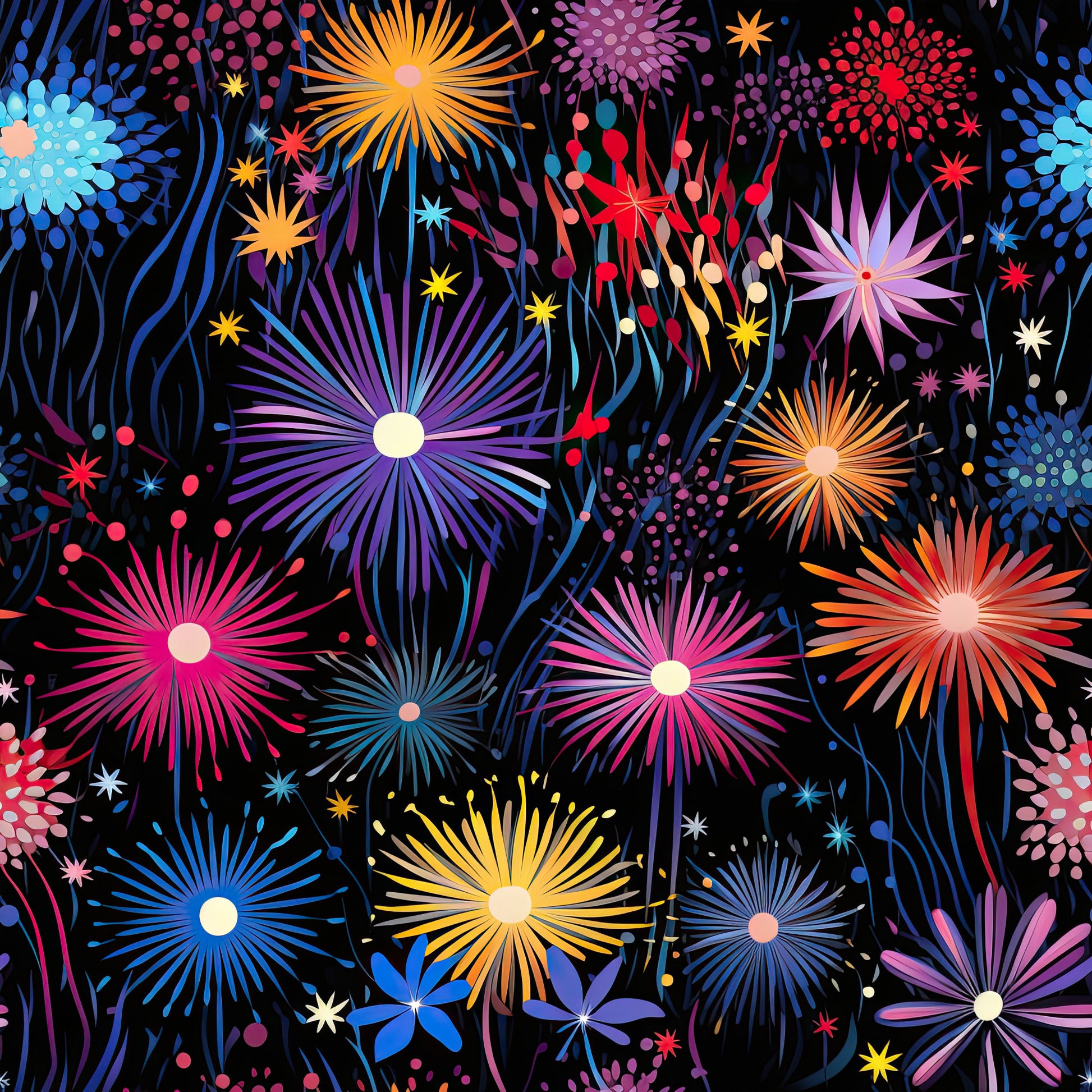 firework pattern, quilting cotton, fabric panel, black background, colorful bursts, pink fireworks, blue fireworks, orange fireworks, purple fireworks, yellow fireworks, celebration theme, festive design, radial patterns, starburst motifs, night sky, sparkles, decorative dots, vibrant colors, patriotic style, summer theme