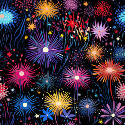 firework pattern, quilting cotton, fabric panel, black background, colorful bursts, pink fireworks, blue fireworks, orange fireworks, purple fireworks, yellow fireworks, celebration theme, festive design, radial patterns, starburst motifs, night sky, sparkles, decorative dots, vibrant colors, patriotic style, summer theme