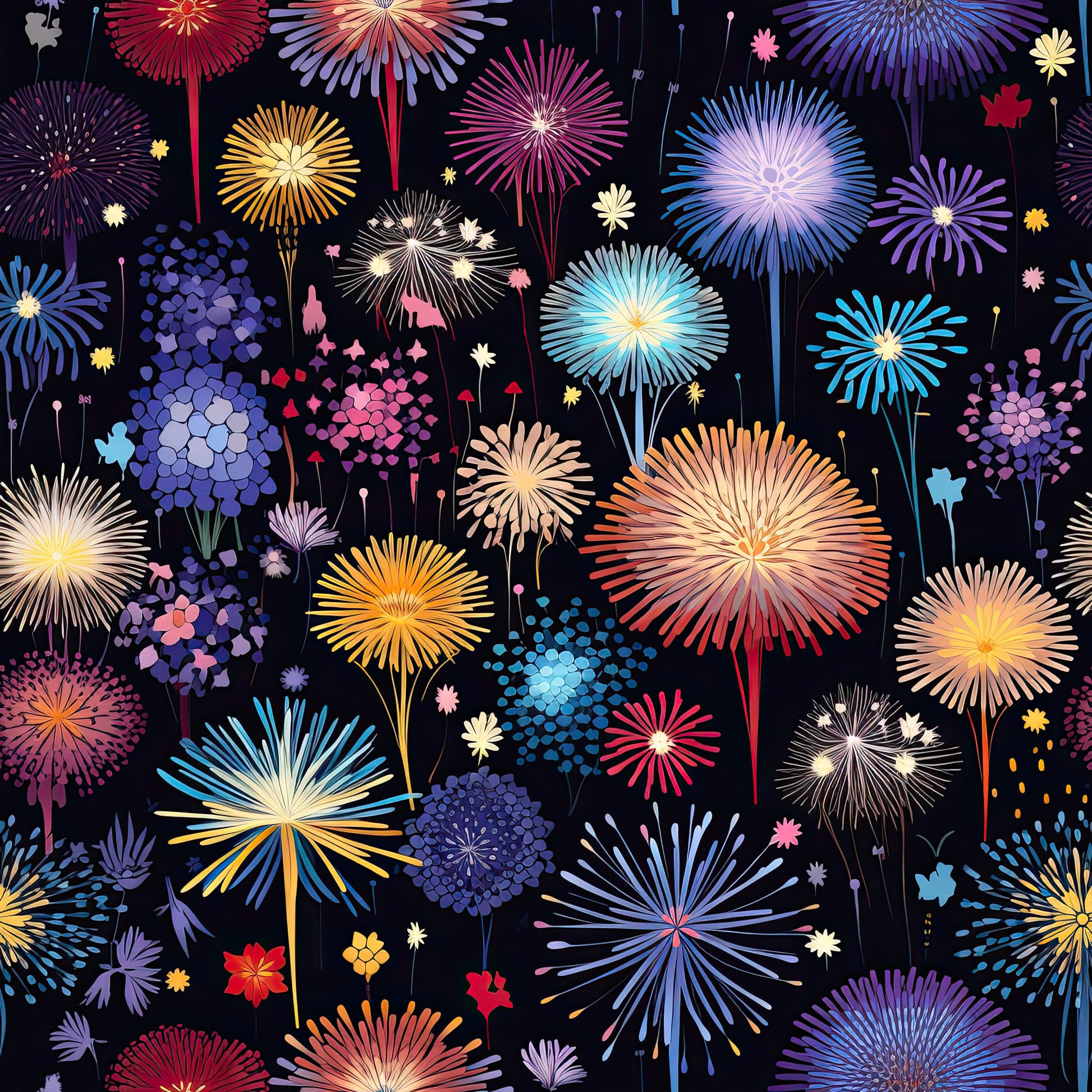fireworks, night sky, celebration, burst patterns, radiating designs, purple, blue, orange, pink, yellow, red, sparkling effects, festive, fourth of july, new year, patriotic, quilting cotton, fabric panel, starburst, explosive patterns, colorful display, dark background