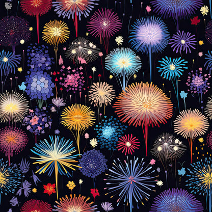 fireworks, night sky, celebration, burst patterns, radiating designs, purple, blue, orange, pink, yellow, red, sparkling effects, festive, fourth of july, new year, patriotic, quilting cotton, fabric panel, starburst, explosive patterns, colorful display, dark background