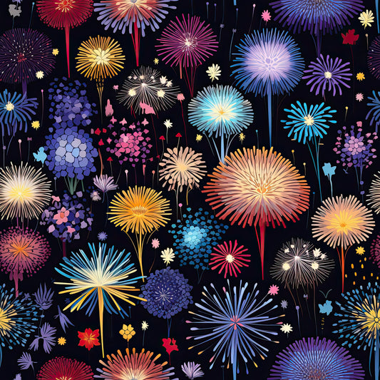 fireworks, night sky, celebration, burst patterns, radiating designs, purple, blue, orange, pink, yellow, red, sparkling effects, festive, fourth of july, new year, patriotic, quilting cotton, fabric panel, starburst, explosive patterns, colorful display, dark background