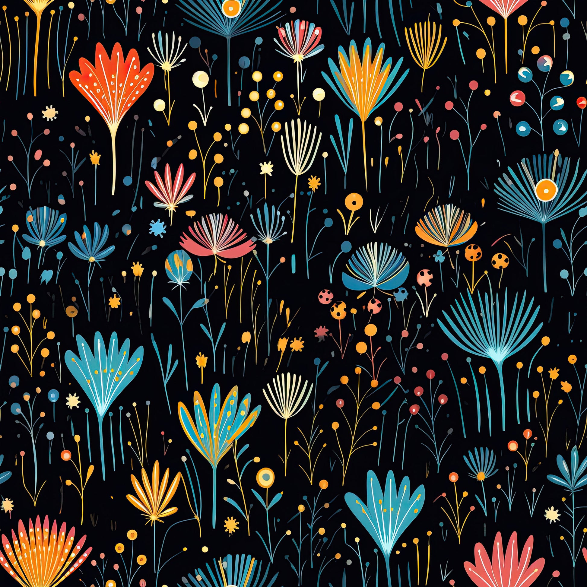 firework garden, quilting cotton, fabric panel, floral bursts, black background, coral flowers, turquoise blooms, orange petals, yellow accents, blue florals, pink blossoms, geometric flowers, radiating petals, botanical pattern, whimsical design, modern floral, scattered blooms, fan-shaped flowers, decorative stems, vibrant colors