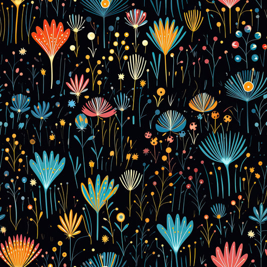 firework garden, quilting cotton, fabric panel, floral bursts, black background, coral flowers, turquoise blooms, orange petals, yellow accents, blue florals, pink blossoms, geometric flowers, radiating petals, botanical pattern, whimsical design, modern floral, scattered blooms, fan-shaped flowers, decorative stems, vibrant colors