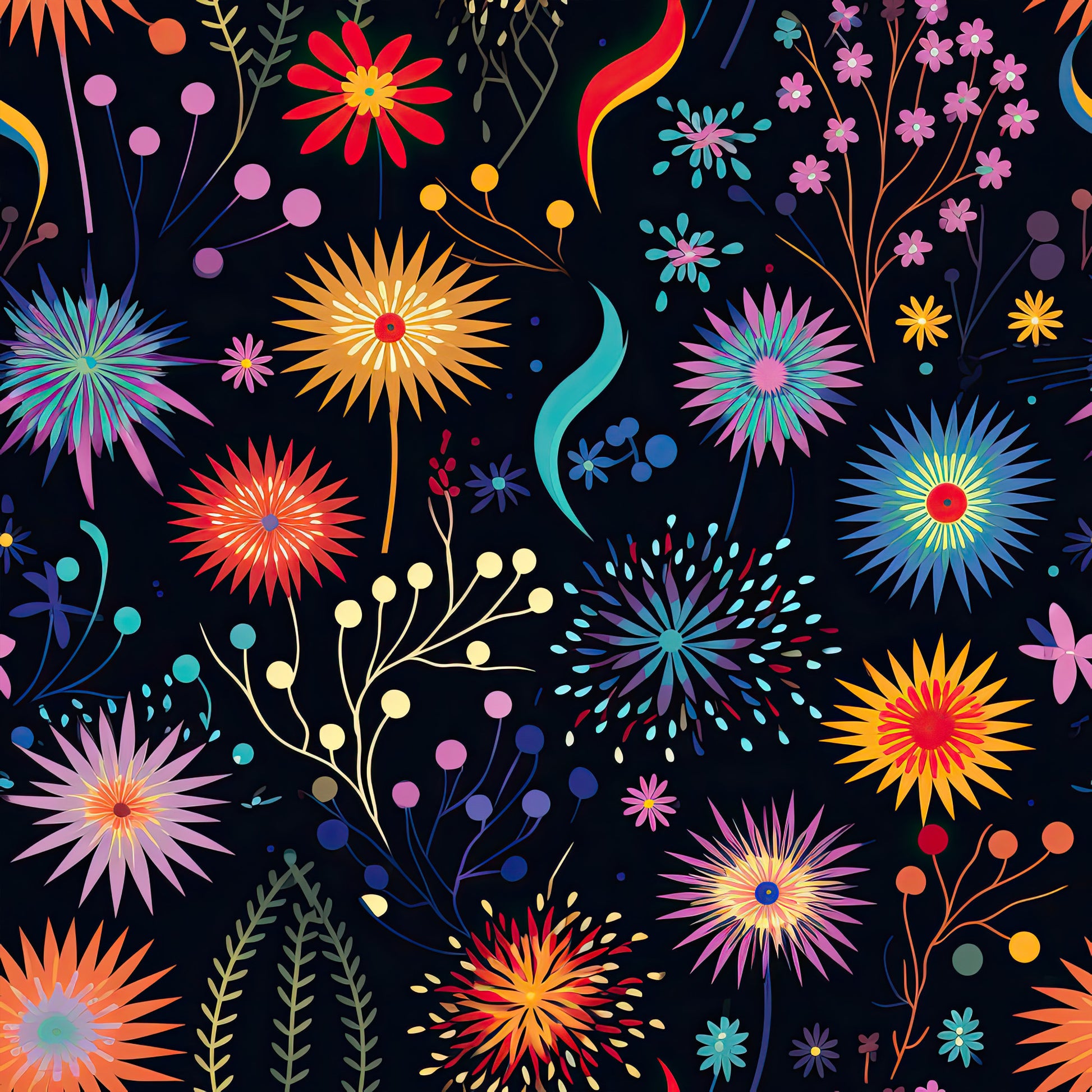 firework pattern, garden florals, quilting cotton, fabric panel, bright colors, pink flowers, orange blooms, blue accents, yellow bursts, purple petals, teal elements, red centers, black background, radiating designs, starburst motifs, botanical elements, vibrant floral, celebration theme, modern artistic, cotton fabric
