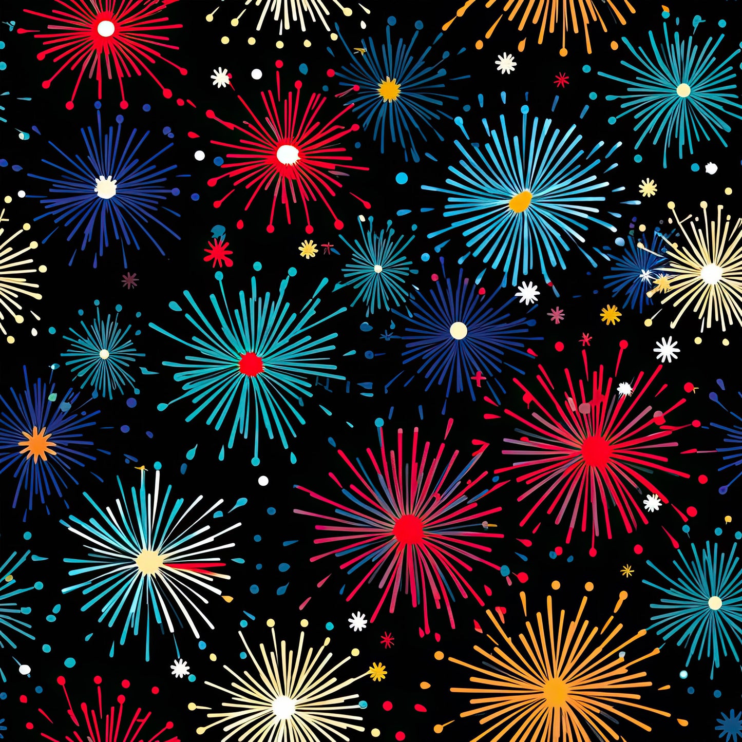 fireworks, bursts, explosions, red, blue, turquoise, yellow, orange, white, black background, radiating lines, celebration, festive, patriotic, starburst, sparks, night sky, quilting cotton, fabric panel, geometric bursts, colorful display, party theme, fourth of july