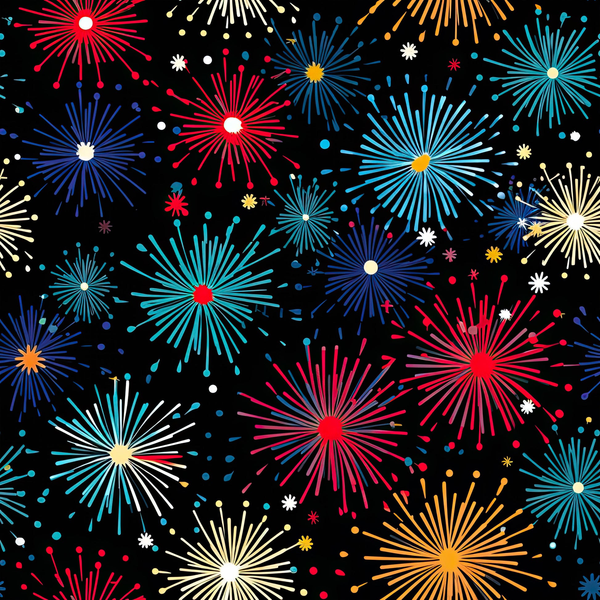 fireworks, bursts, explosions, red, blue, turquoise, yellow, orange, white, black background, radiating lines, celebration, festive, patriotic, starburst, sparks, night sky, quilting cotton, fabric panel, geometric bursts, colorful display, party theme, fourth of july