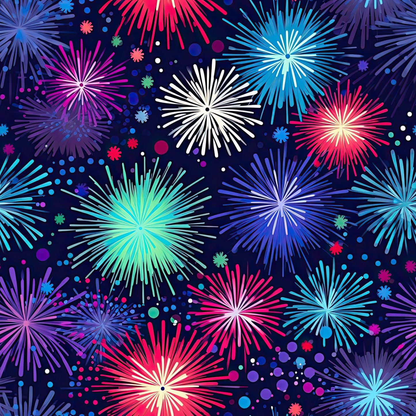 fireworks, navy blue background, pink fireworks, blue fireworks, purple fireworks, white fireworks, turquoise fireworks, magenta fireworks, starburst pattern, celebration theme, night sky, sparkles, dots, quilting cotton, fabric panel, festive design, radial bursts, colorful explosions, party theme, bright colors