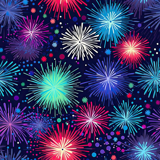 fireworks, navy blue background, pink fireworks, blue fireworks, purple fireworks, white fireworks, turquoise fireworks, magenta fireworks, starburst pattern, celebration theme, night sky, sparkles, dots, quilting cotton, fabric panel, festive design, radial bursts, colorful explosions, party theme, bright colors