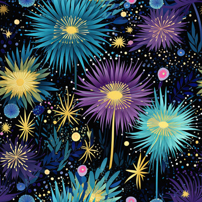 fireworks, starburst, navy blue, purple, turquoise, yellow, white dots, sparkles, celebration, night sky, radial pattern, quilting cotton, fabric panel, festive, explosive bursts, cosmic, scattered dots, geometric rays, party theme, illumination