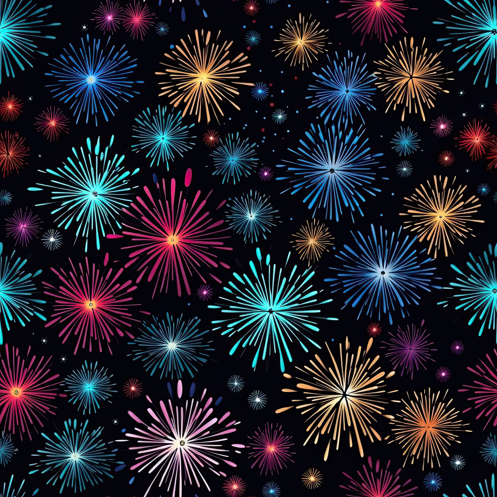 fireworks, explosions, bursts, starbursts, celebration, festive, black background, bright colors, cyan, turquoise, pink, magenta, orange, yellow, purple, blue, radiating lines, sparkles, night sky, quilting cotton, fabric panel, patriotic, fourth of july, new year, party theme, geometric bursts, colorful display