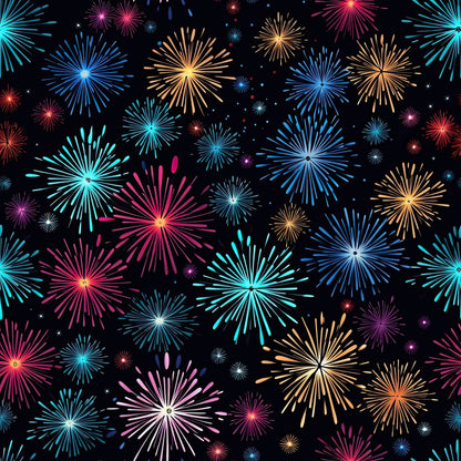fireworks, explosions, bursts, starbursts, celebration, festive, black background, bright colors, cyan, turquoise, pink, magenta, orange, yellow, purple, blue, radiating lines, sparkles, night sky, quilting cotton, fabric panel, patriotic, fourth of july, new year, party theme, geometric bursts, colorful display