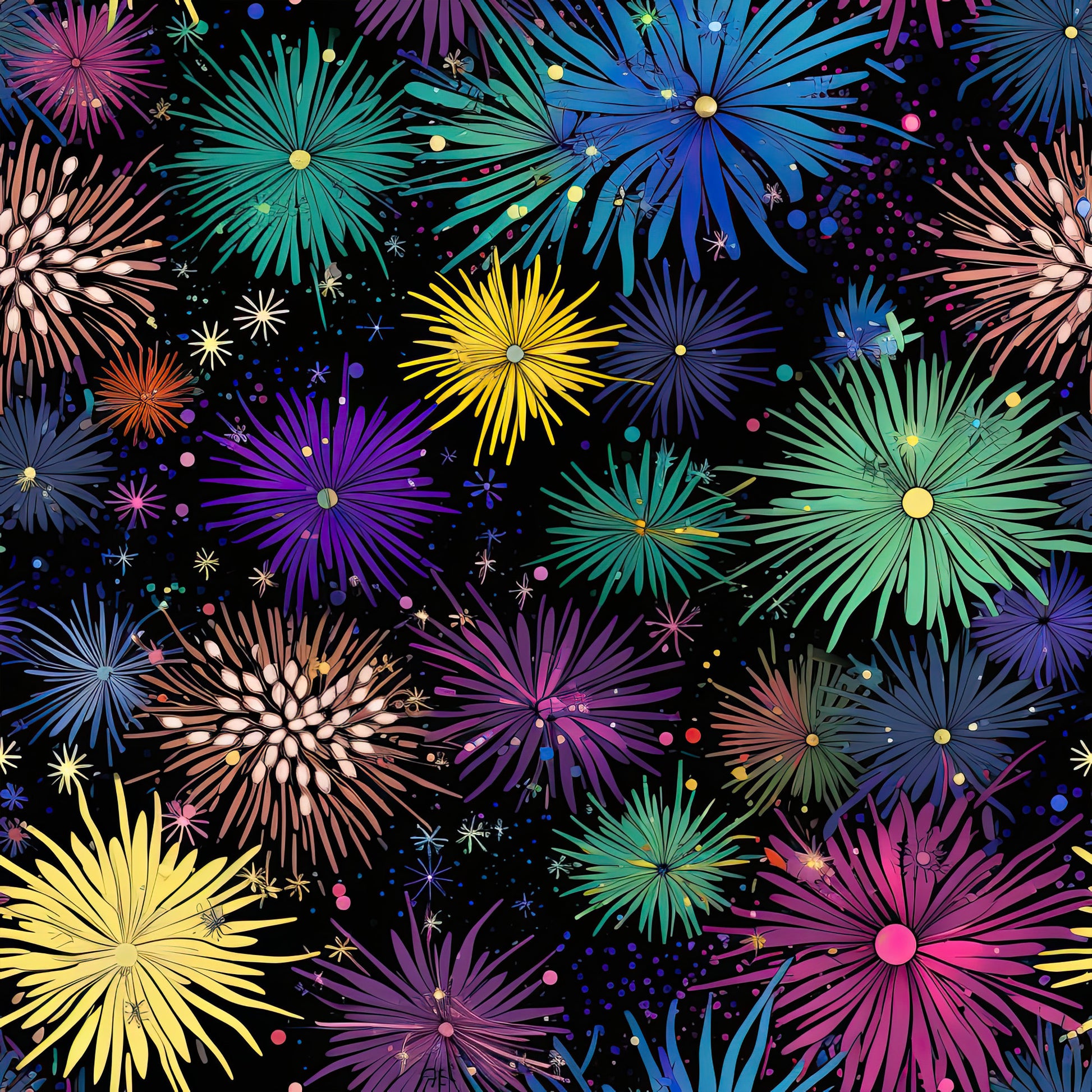 firework bursts, black background, purple fireworks, blue fireworks, yellow fireworks, green fireworks, pink fireworks, teal fireworks, sparkle effects, radial patterns, starburst design, celebration theme, night sky, colorful explosions, quilting cotton, fabric panel, festive pattern, geometric bursts, party theme, vibrant colors