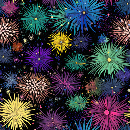 firework bursts, black background, purple fireworks, blue fireworks, yellow fireworks, green fireworks, pink fireworks, teal fireworks, sparkle effects, radial patterns, starburst design, celebration theme, night sky, colorful explosions, quilting cotton, fabric panel, festive pattern, geometric bursts, party theme, vibrant colors