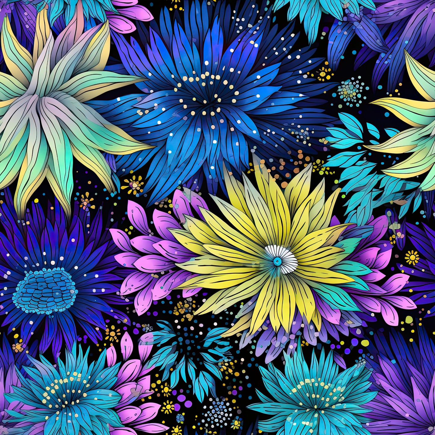 firework garden, quilting cotton, fabric panel, floral pattern, purple flowers, blue blooms, yellow petals, teal accents, pink florals, black background, botanical design, decorative dots, radiating petals, starburst flowers, vibrant colors, whimsical style, garden theme, cotton fabric, quilting material, floral motifs