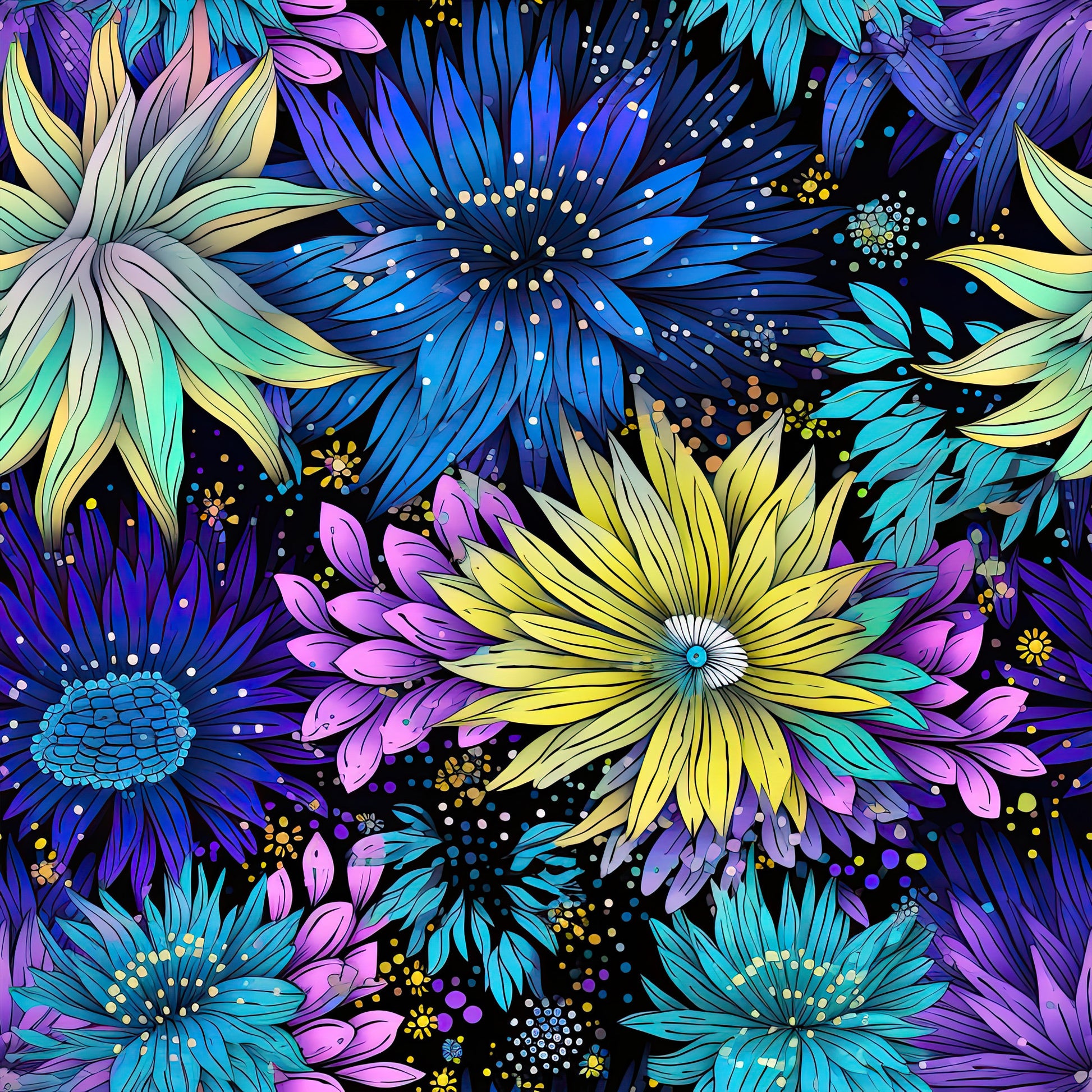firework garden, quilting cotton, fabric panel, floral pattern, purple flowers, blue blooms, yellow petals, teal accents, pink florals, black background, botanical design, decorative dots, radiating petals, starburst flowers, vibrant colors, whimsical style, garden theme, cotton fabric, quilting material, floral motifs