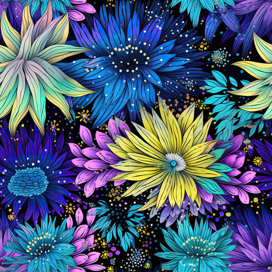 firework garden, quilting cotton, fabric panel, floral pattern, purple flowers, blue blooms, yellow petals, teal accents, pink florals, black background, botanical design, decorative dots, radiating petals, starburst flowers, vibrant colors, whimsical style, garden theme, cotton fabric, quilting material, floral motifs