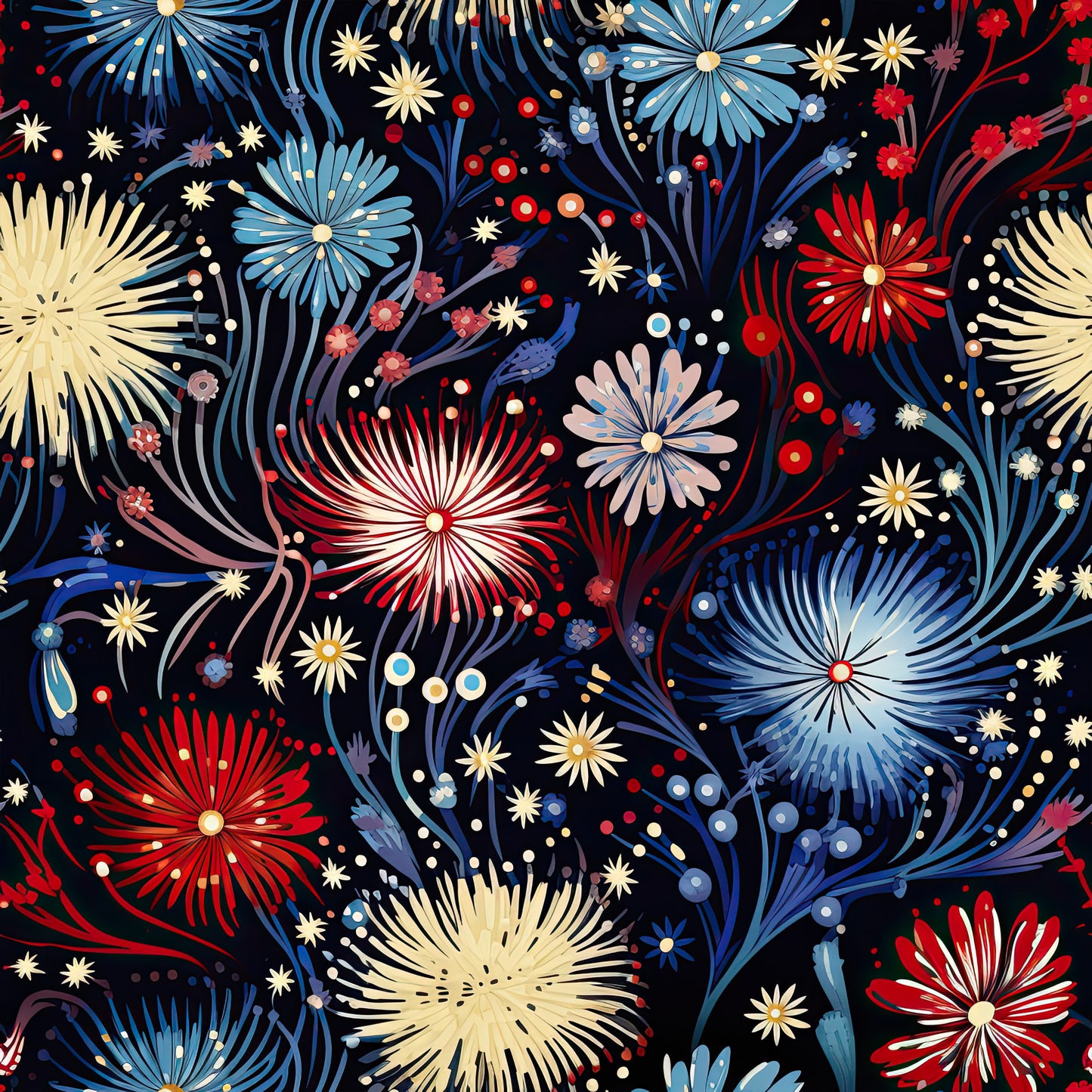 fireworks pattern, red white blue, patriotic colors, starburst design, explosive motifs, celebration theme, black background, quilting cotton, fabric panel, fourth of july, independence day, festive pattern, radiating lines, sparkle effects, holiday fabric, bursting stars, pyrotechnic design, americana theme, cotton fabric, quilting material