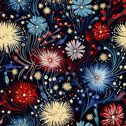 fireworks pattern, red white blue, patriotic colors, starburst design, explosive motifs, celebration theme, black background, quilting cotton, fabric panel, fourth of july, independence day, festive pattern, radiating lines, sparkle effects, holiday fabric, bursting stars, pyrotechnic design, americana theme, cotton fabric, quilting material