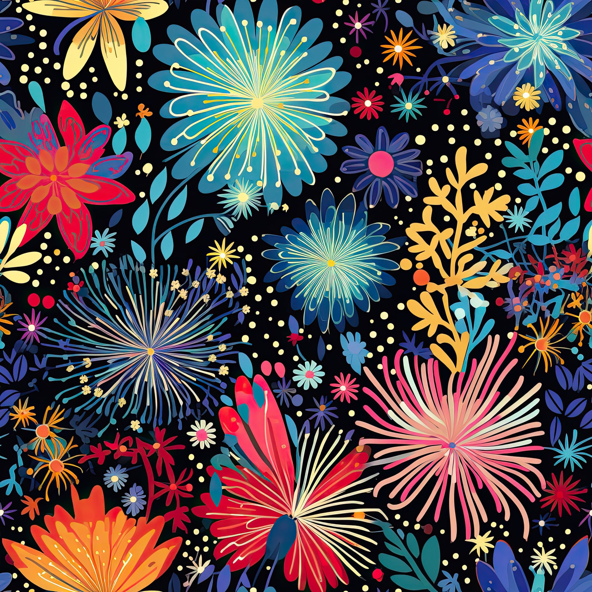 fireworks, floral bursts, black background, turquoise, coral pink, golden yellow, navy blue, orange accents, radiating petals, starburst flowers, botanical elements, leaves, scattered dots, vibrant colors, quilting cotton, fabric panel, celebratory pattern, explosive blooms, summer garden, bright florals