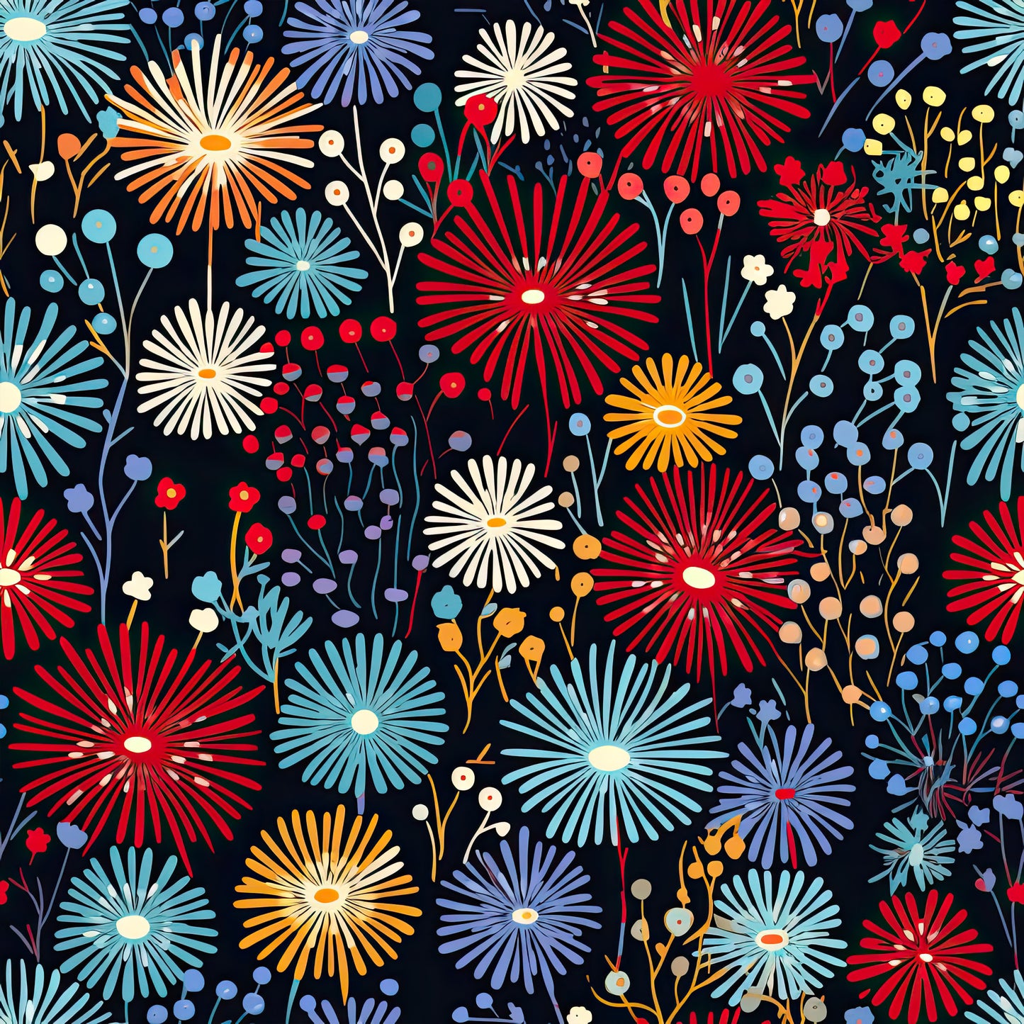 fireworks, garden pattern, quilting cotton, fabric panel, navy background, red flowers, blue blooms, orange bursts, white petals, yellow accents, radiating petals, starburst design, floral motifs, berry clusters, botanical elements, festive pattern, celebratory theme, patriotic colors, summer vibes, decorative fabric