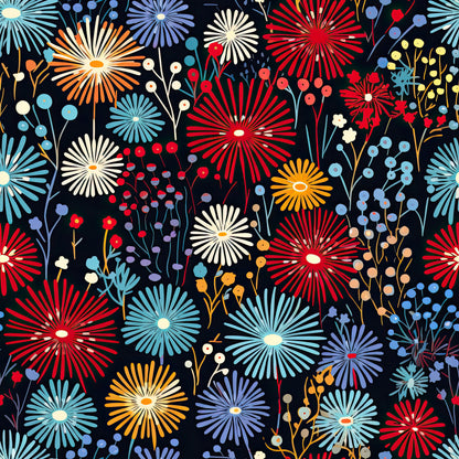 fireworks, garden pattern, quilting cotton, fabric panel, navy background, red flowers, blue blooms, orange bursts, white petals, yellow accents, radiating petals, starburst design, floral motifs, berry clusters, botanical elements, festive pattern, celebratory theme, patriotic colors, summer vibes, decorative fabric