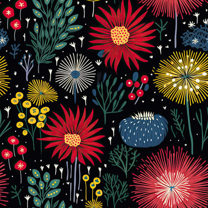 black background, red flowers, yellow bursts, blue accents, teal foliage, firework motifs, botanical elements, daisy-like blooms, radiating petals, starburst design, quilting cotton, fabric panel, whimsical style, modern floral, garden theme, vibrant colors, geometric florals, contemporary pattern, crafting material
