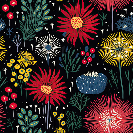 black background, red flowers, yellow bursts, blue accents, teal foliage, firework motifs, botanical elements, daisy-like blooms, radiating petals, starburst design, quilting cotton, fabric panel, whimsical style, modern floral, garden theme, vibrant colors, geometric florals, contemporary pattern, crafting material