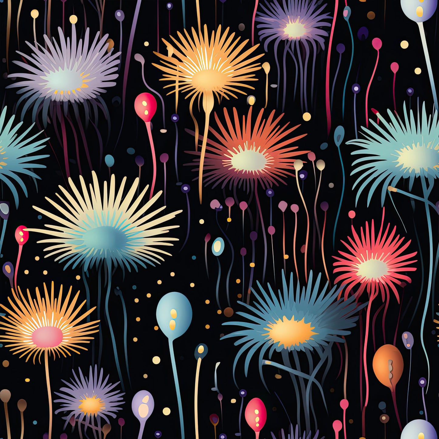 fireworks, bursts, radial patterns, black background, pink, orange, purple, blue, yellow, teal, coral, starburst design, celebration, night sky, festive, quilting cotton, fabric panel, geometric radiating lines, colorful explosions, holiday themed, bright colors, contemporary style, scattered dots