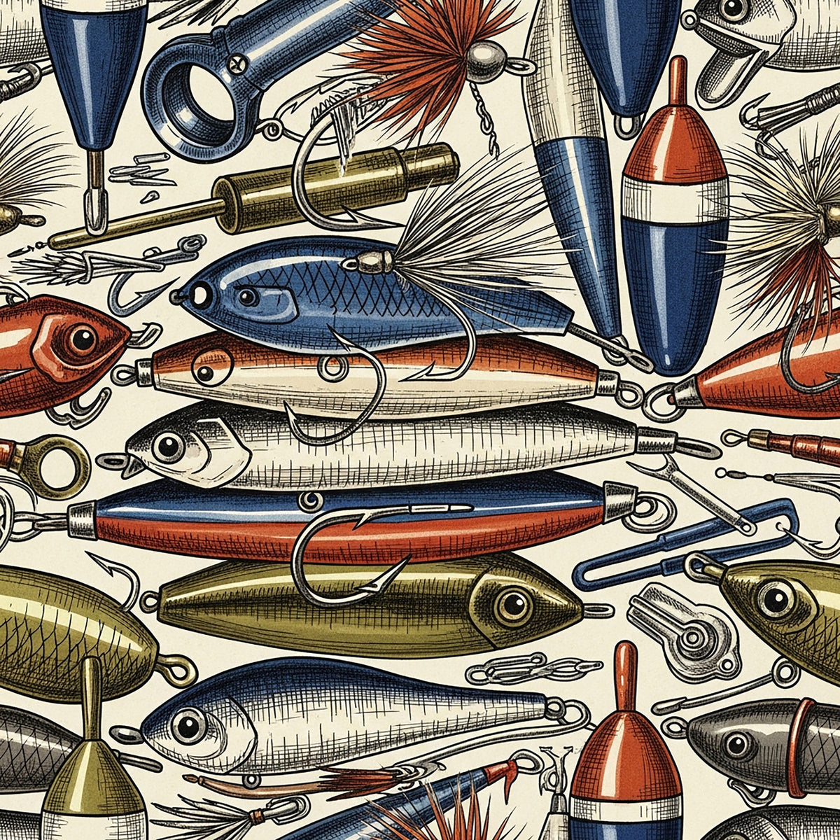 Fishing Lures And Tackle Pattern 19 Quilting Cotton Fabric