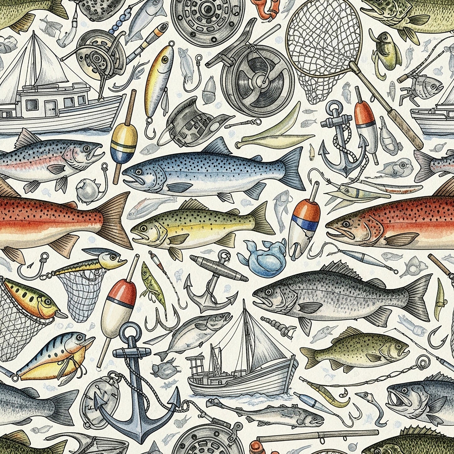 Fishing Lures And Tackle Pattern 22 Quilting Cotton Fabric