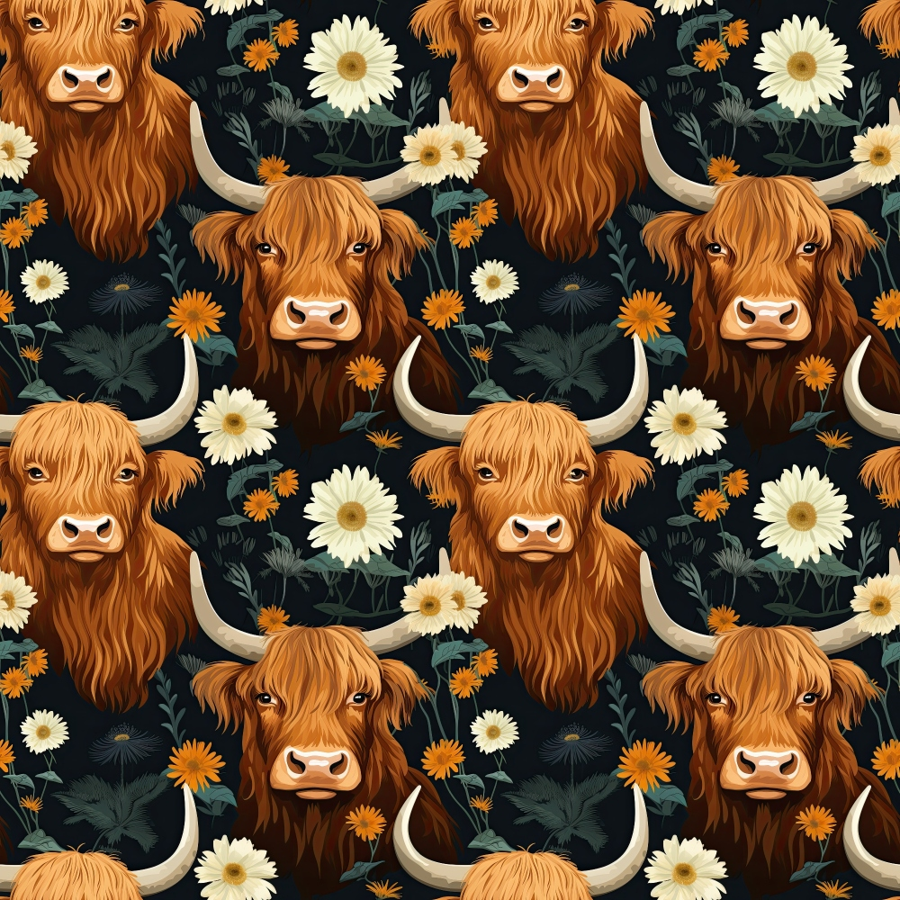 Floral Highland Cows Pattern 1 Quilting Cotton Fabric