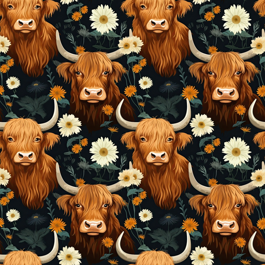 Floral Highland Cows Pattern 1 Quilting Cotton Fabric