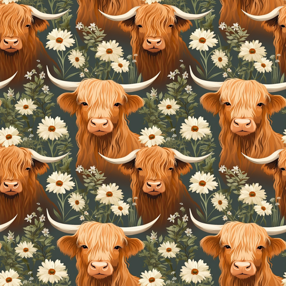 Floral Highland Cows Pattern 10 Quilting Cotton Fabric