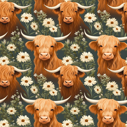 Floral Highland Cows Pattern 10 Quilting Cotton Fabric