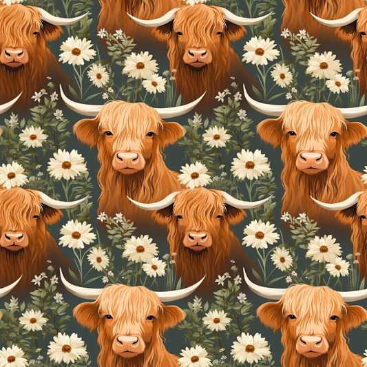 Floral Highland Cows Pattern 10 Quilting Cotton Fabric