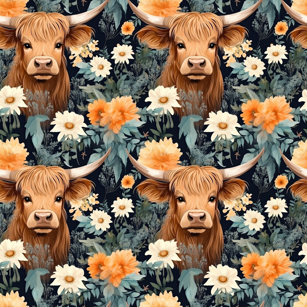 Floral Highland Cows Pattern 11 Quilting Cotton Fabric