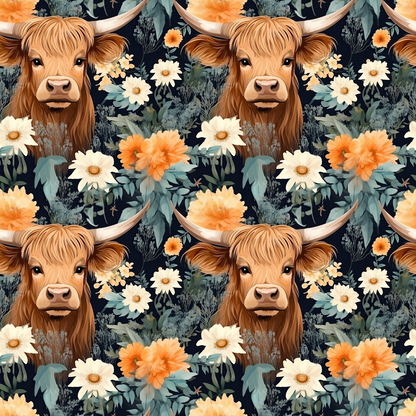 Floral Highland Cows Pattern 11 Quilting Cotton Fabric