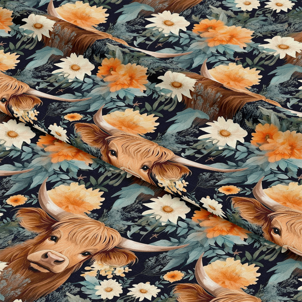Floral Highland Cows Pattern 11 Quilting Cotton Fabric