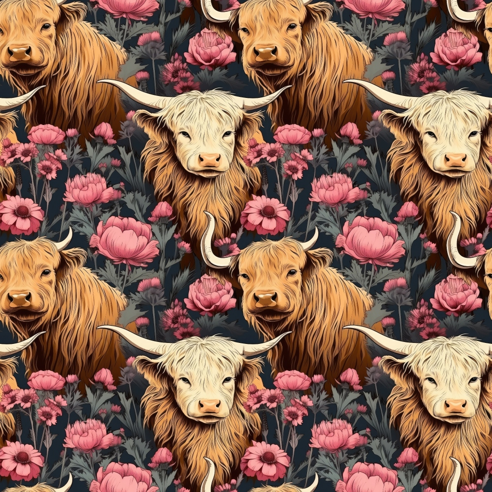 Floral Highland Cows Pattern 12 Quilting Cotton Fabric