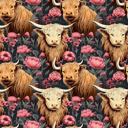 Floral Highland Cows Pattern 12 Quilting Cotton Fabric